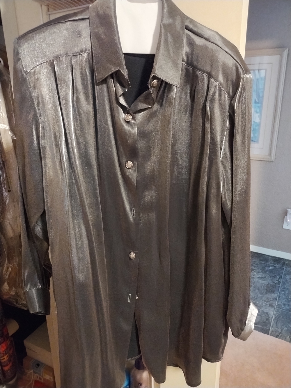 Maggie Sweet women’s long metallic silver/charcoal blouse or tunic.